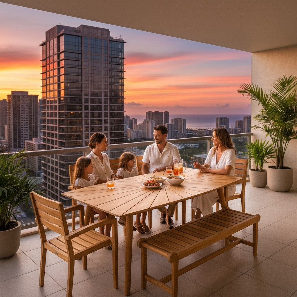 Hawaiian Discovery Furniture Cambria teak dining set with sunburst table and bench on a balcony at sunset.