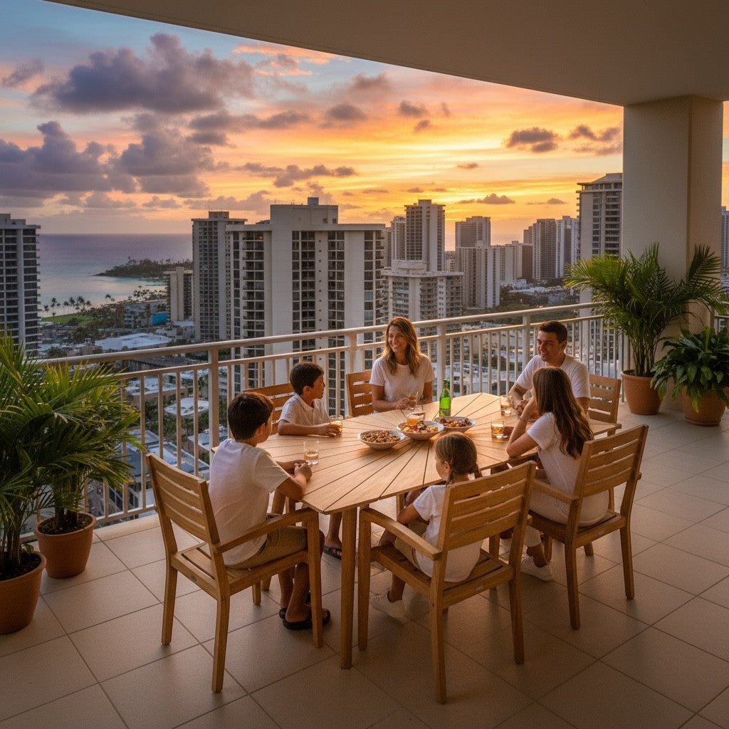 Hawaiian Discovery Furniture Cambria teak dining set on a balcony with a family eating during a sunset city view