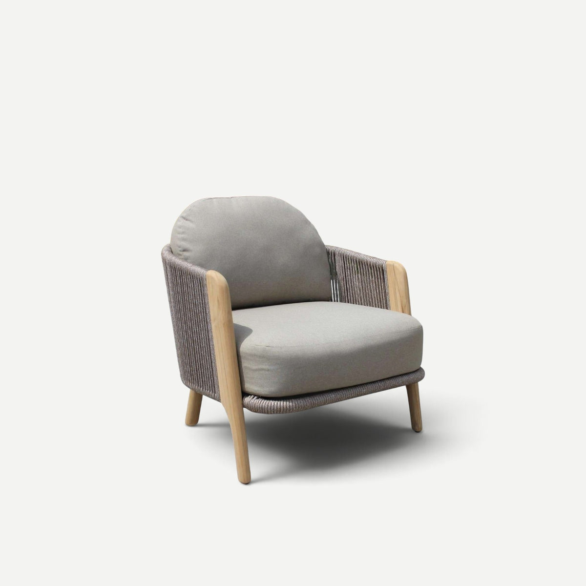 Hawaiian Discovery Furniture Cayman Club Chair with grey cushions, light wood frame, and woven rope side detailing.