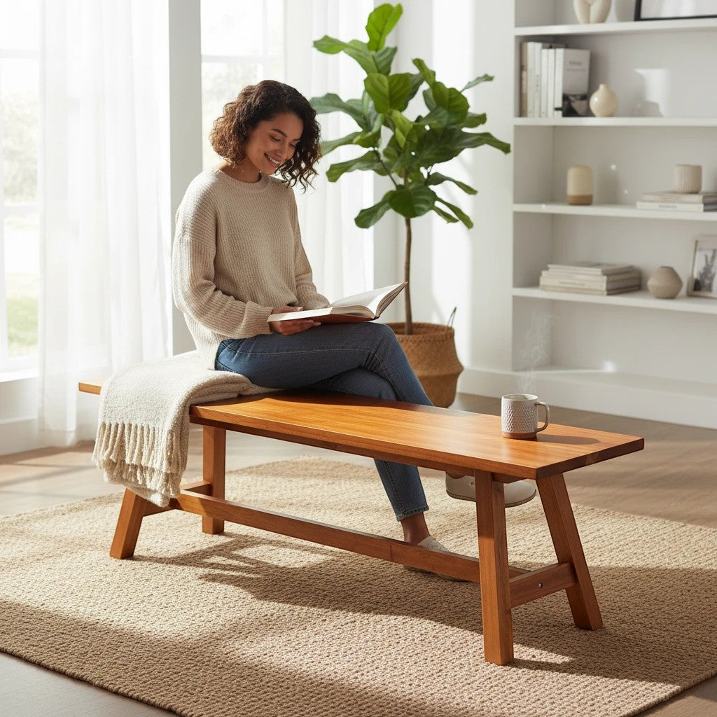 Hawaiian Discovery Furniture Haleiwa bench made of natural acacia wood in a bright living room with a seated woman.