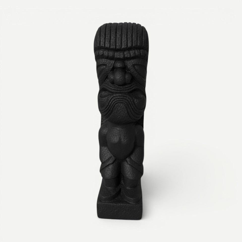 Hawaiian Discovery Furniture black stone Ki'i statue with traditional hand-carved features and protective posture.