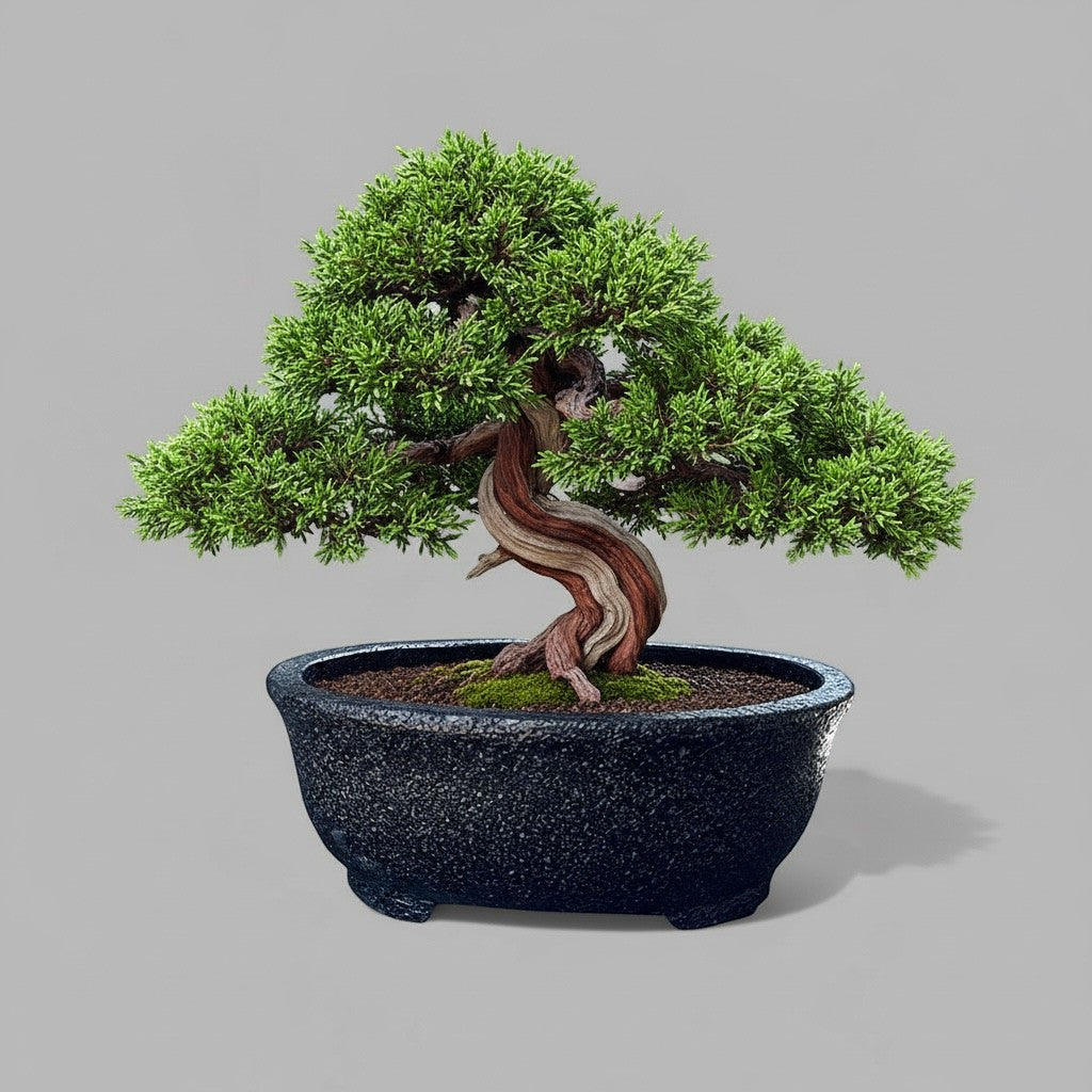 Hawaiian Discovery Furniture Kumo oval bonsai planter made from lightweight concrete and recycled foam with a tree.