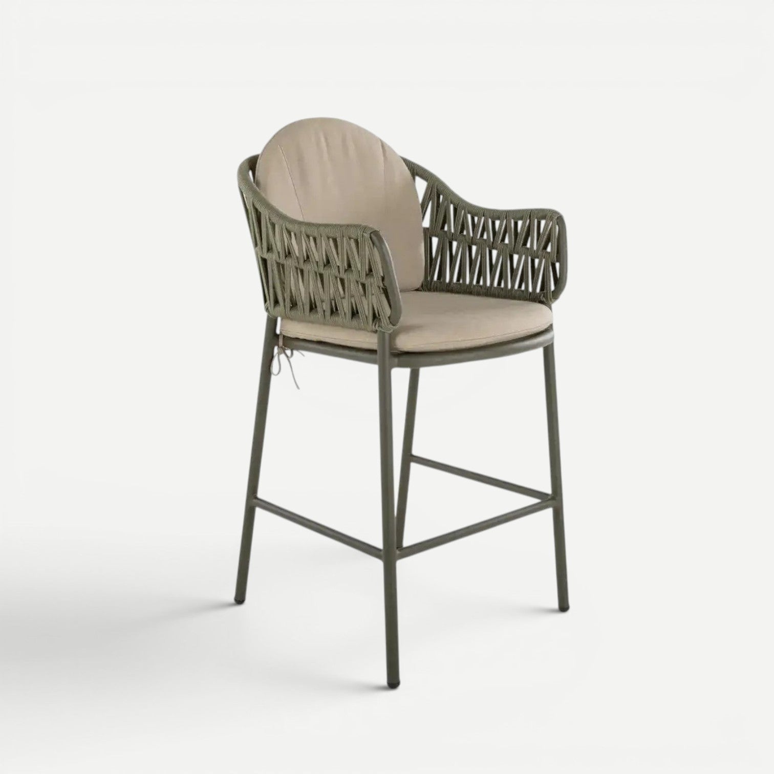 Hawaiian Discovery Furniture Moana bar stool with olive green woven rope frame and beige upholstered seat cushion.