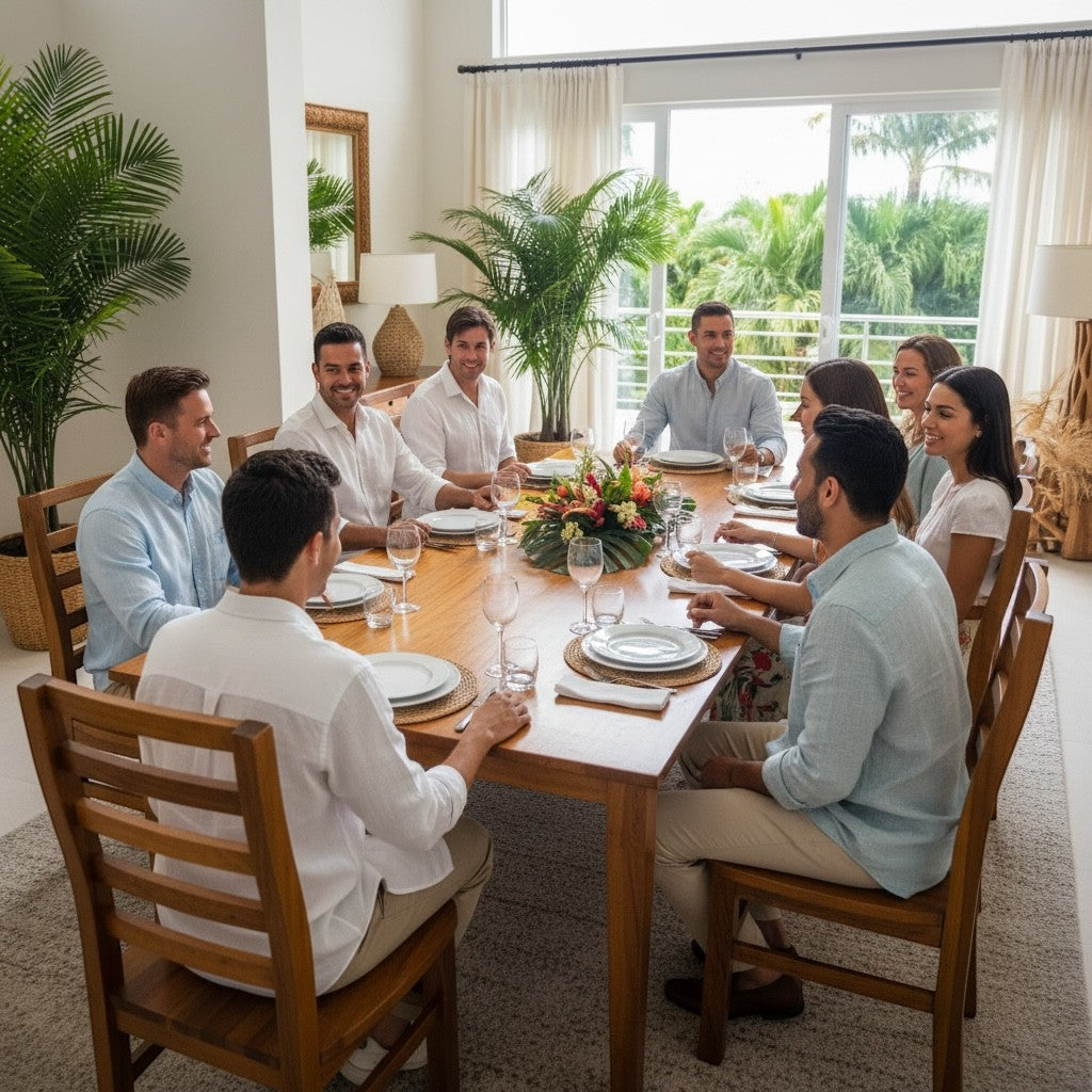 Hawaiian Discovery Furniture Molokai 10-seater hardwood acacia dining table with a group of friends in a bright room