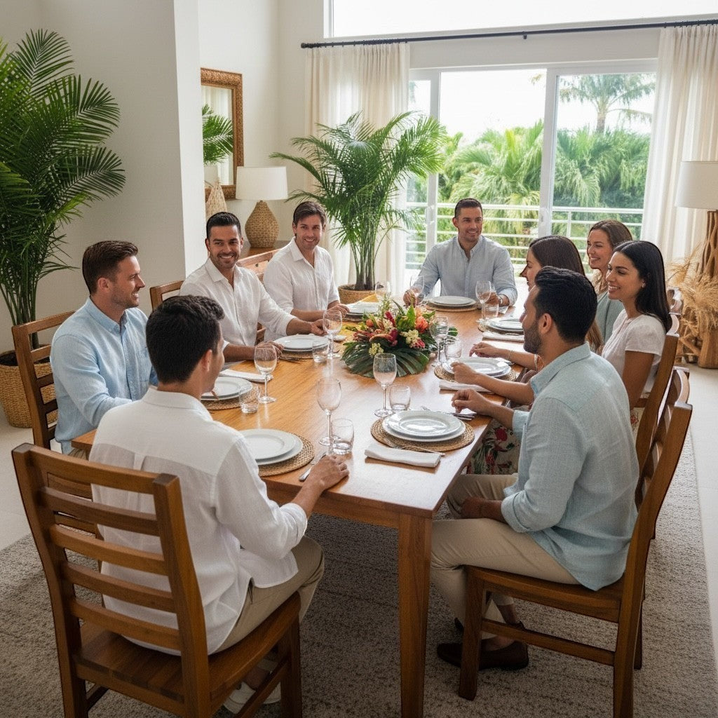 Hawaiian Discovery Furniture Molokai 10-seater hardwood acacia dining table with a group of friends in a bright room