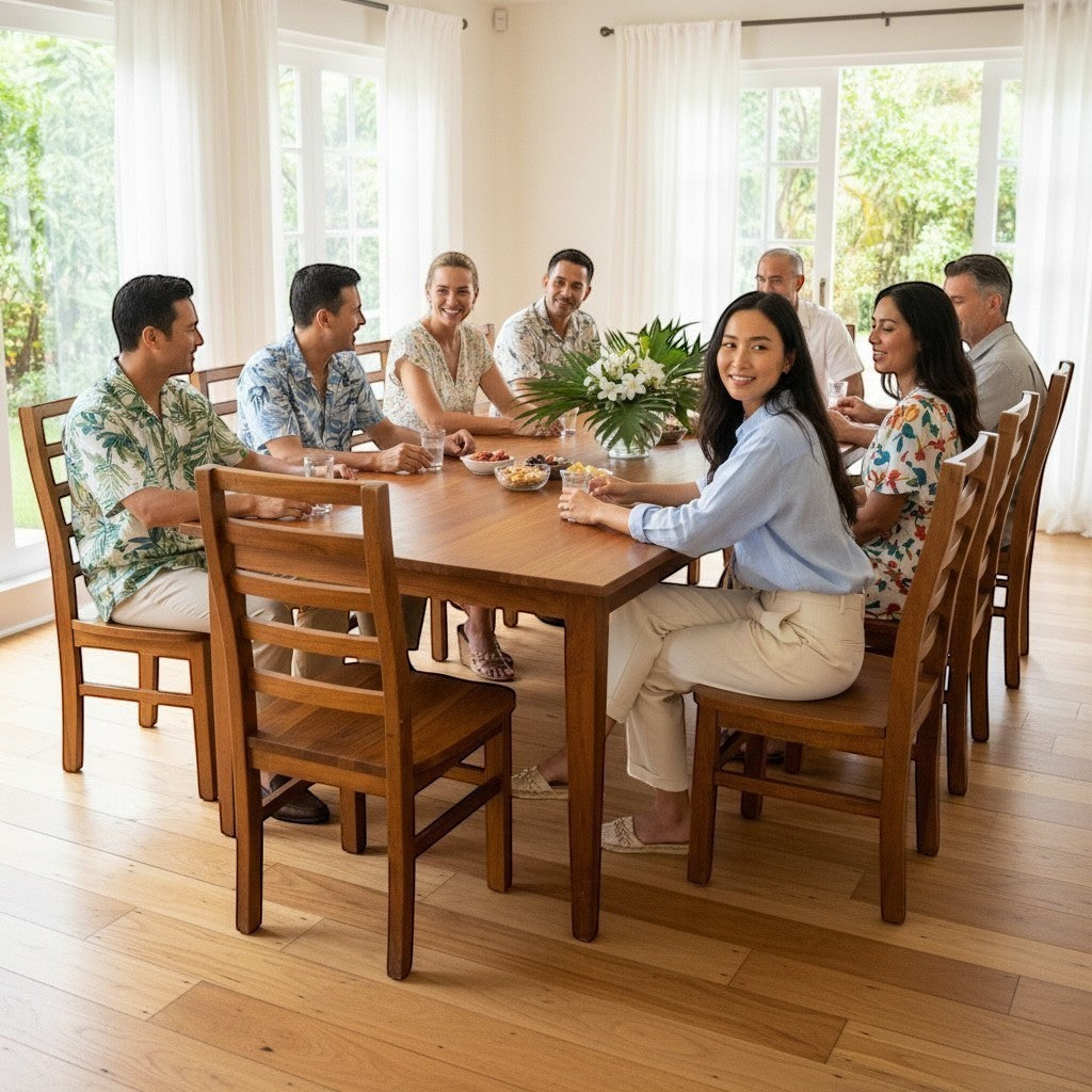 Hawaiian Discovery Furniture Molokai 10-seater acacia wood dining table with a group of people in a bright dining room