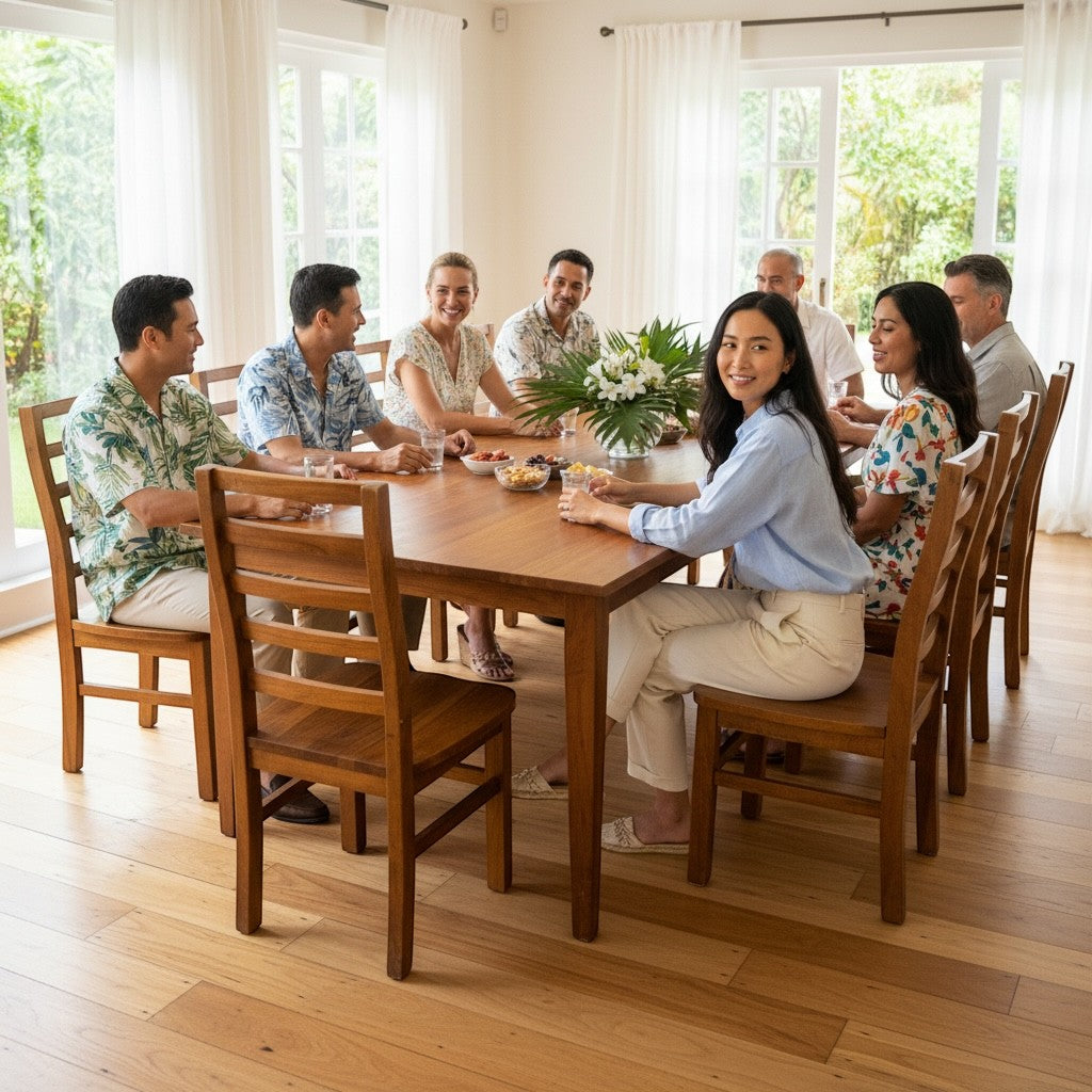 Hawaiian Discovery Furniture Molokai 10-seater acacia wood dining table with a group of people in a bright dining room
