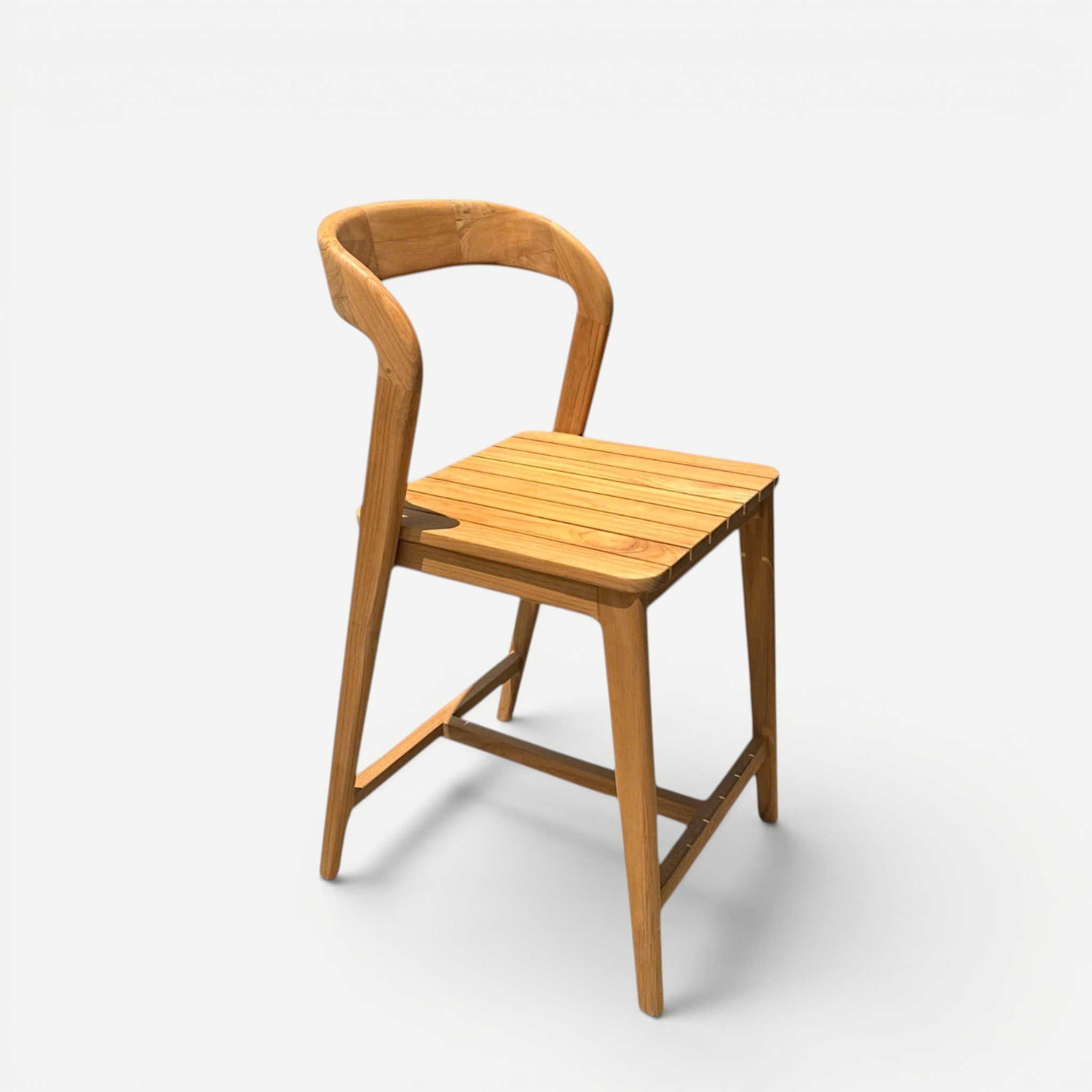 Hawaiian Discovery Furniture Noho teak counter stool with a slatted seat and curved backrest in natural wood finish.