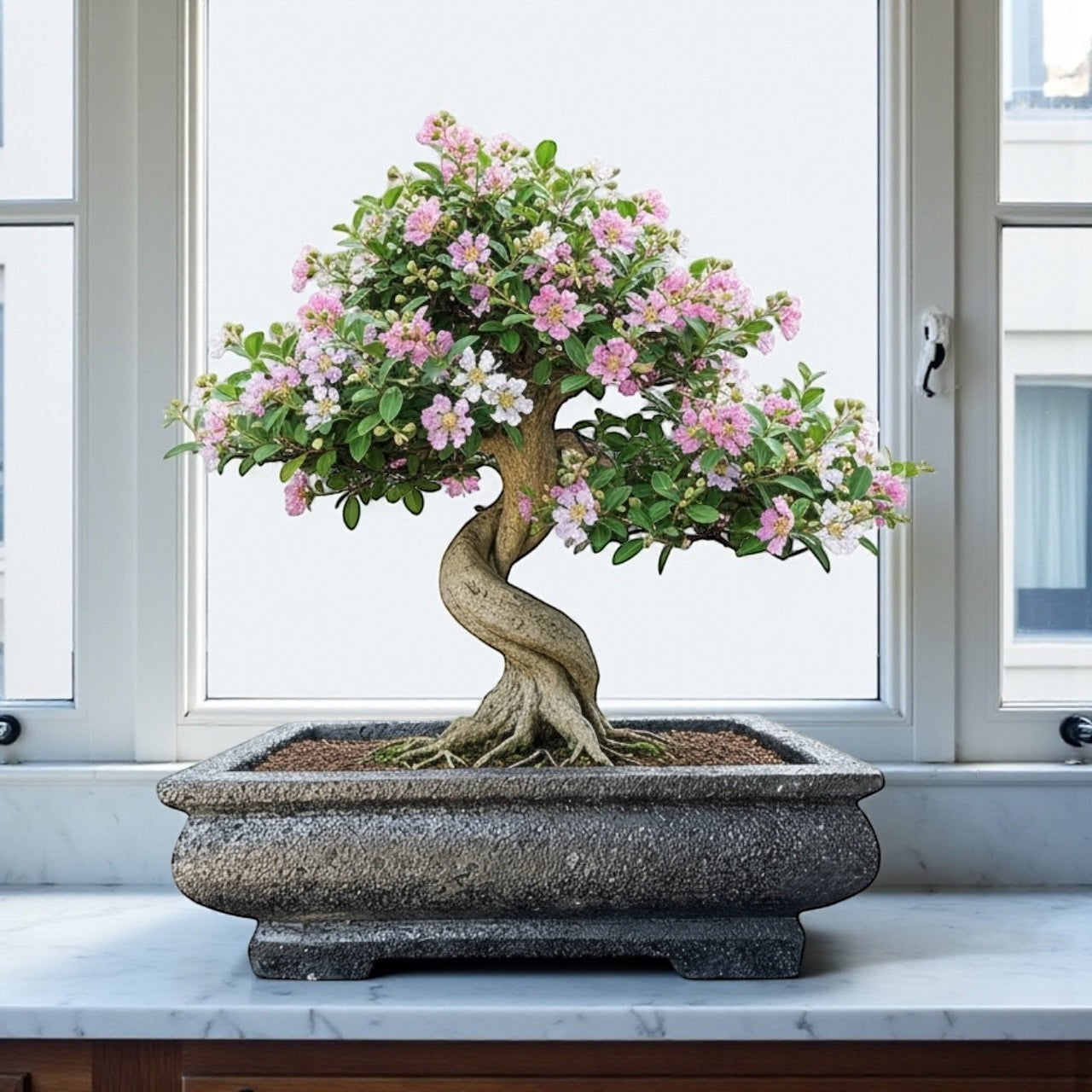 Hawaiian Discovery Furniture rectangular bonsai planter made of lightweight concrete and recycled foam on a windowsill