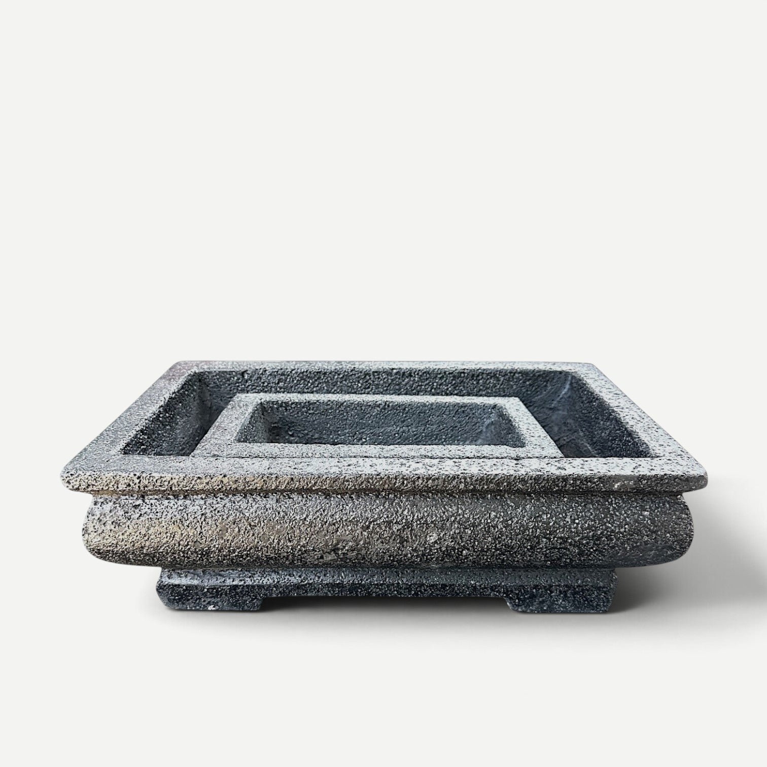 Hawaiian Discovery Furniture rectangular bonsai planter made from lightweight concrete and recycled foam in grey.