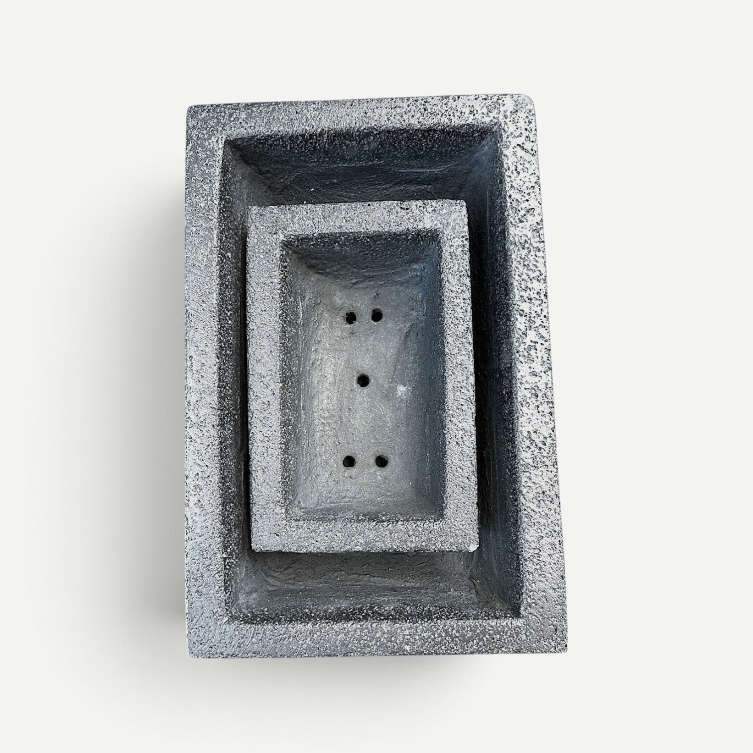 Hawaiian Discovery Furniture rectangular bonsai planters in grey concrete and recycled foam with drainage holes.