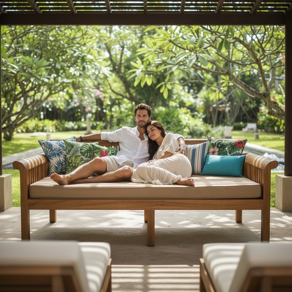 Hawaiian Discovery Furniture Riviera Daybed in acacia wood with taupe twin cushion, styled on a tropical patio.