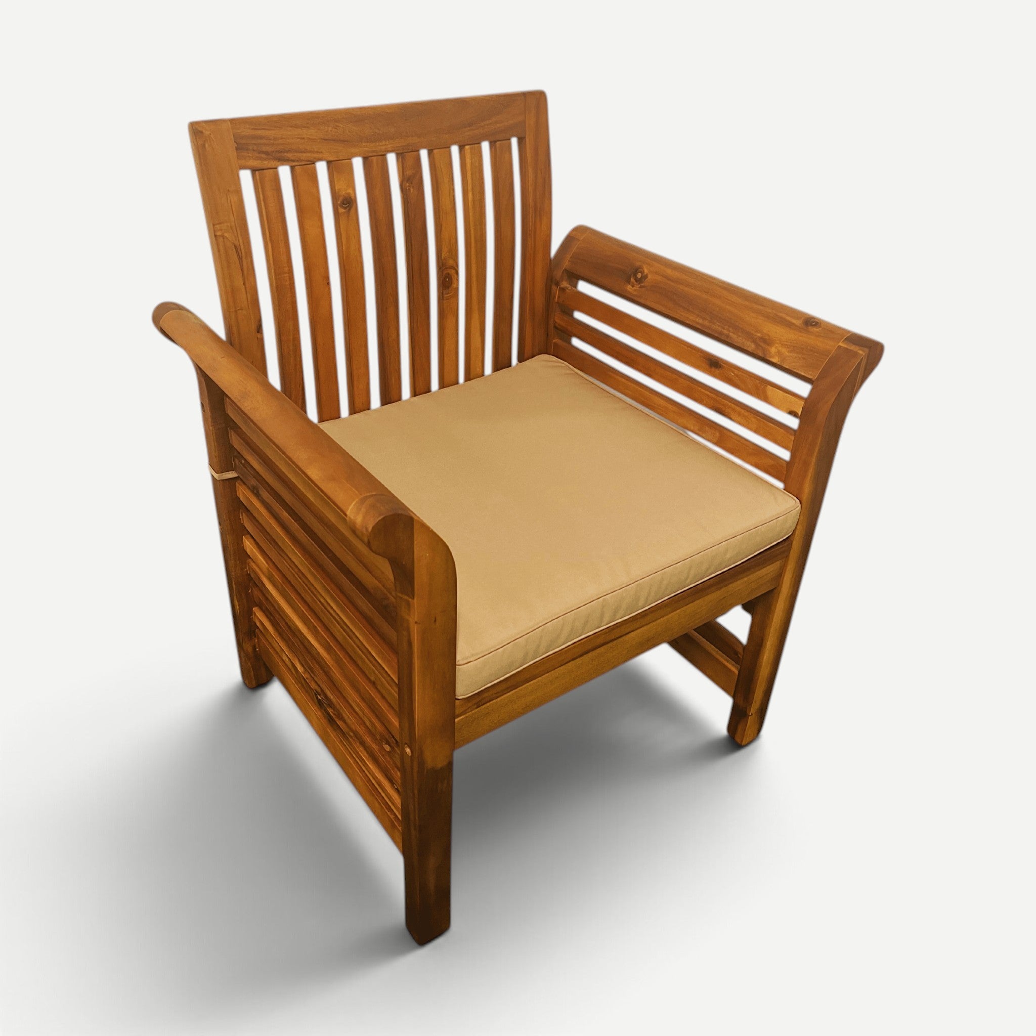 Hawaiian Discovery Furniture 2 inch beige polyester cushion on a wooden Riviera armchair
