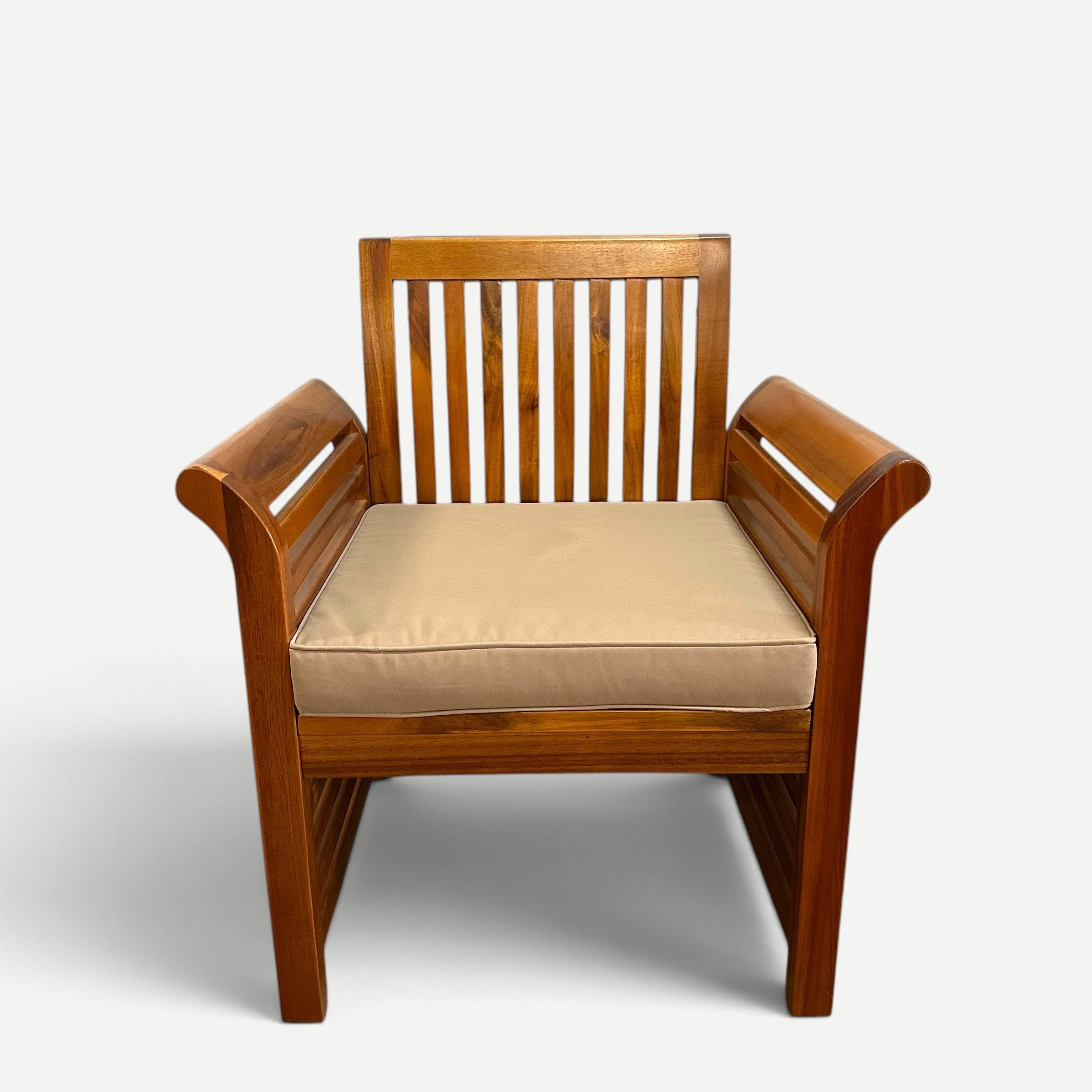 Hawaiian Discovery Furniture Riviera armchair featuring a thick 3-inch beige cushion on a natural wood frame