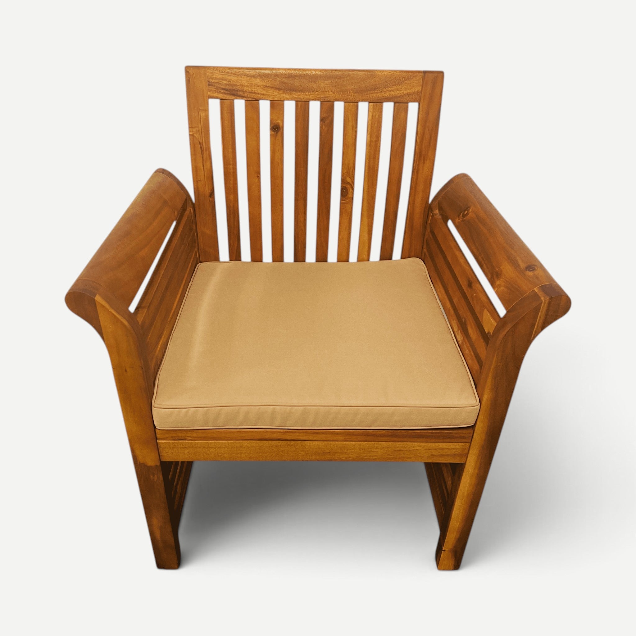 Hawaiian Discovery Furniture 2-inch beige polyester cushion on a wooden Riviera armchair for indoor or outdoor use.