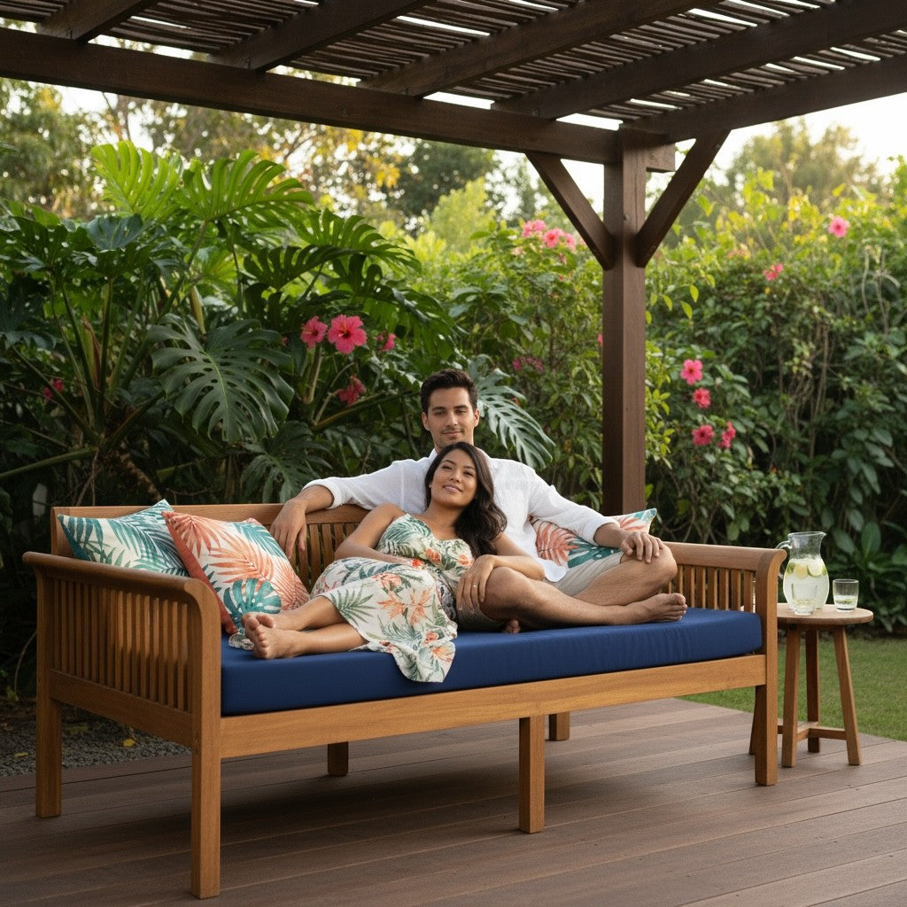 Hawaiian Discovery Furniture Riviera Daybed in acacia wood with a navy blue twin cushion, featuring a couple relaxing.