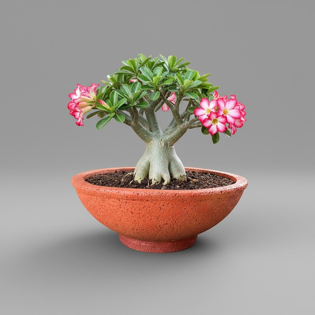 Hawaiian Discovery Furniture Maru round bonsai planter in terracotta-colored lightweight concrete with a desert rose