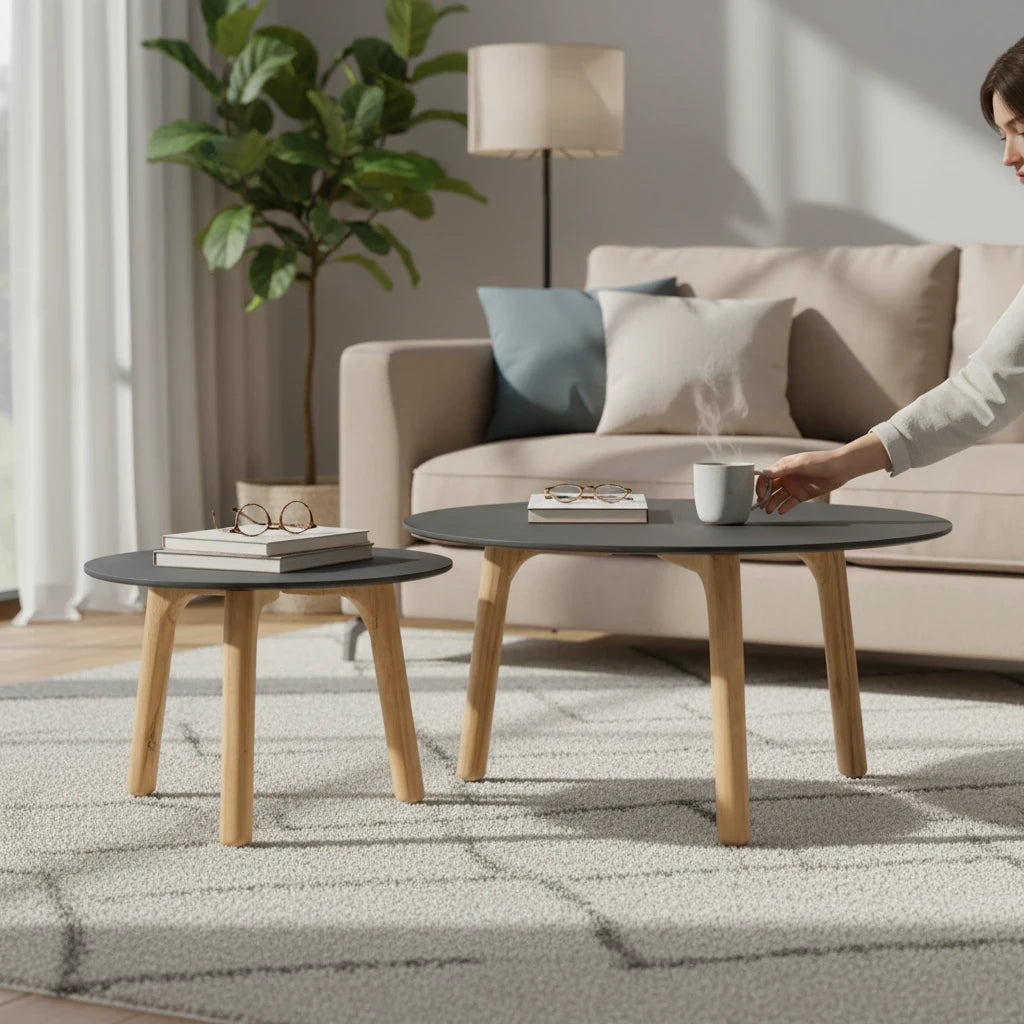 Hawaiian Discovery Furniture Cayman large round side tables with black tops and light wood legs in a living room