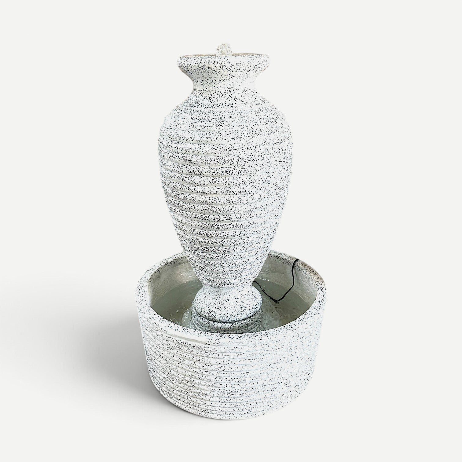 Hawaiian Discovery Furniture tall cement vase fountain with a speckled white and black finish for indoor or outdoor use