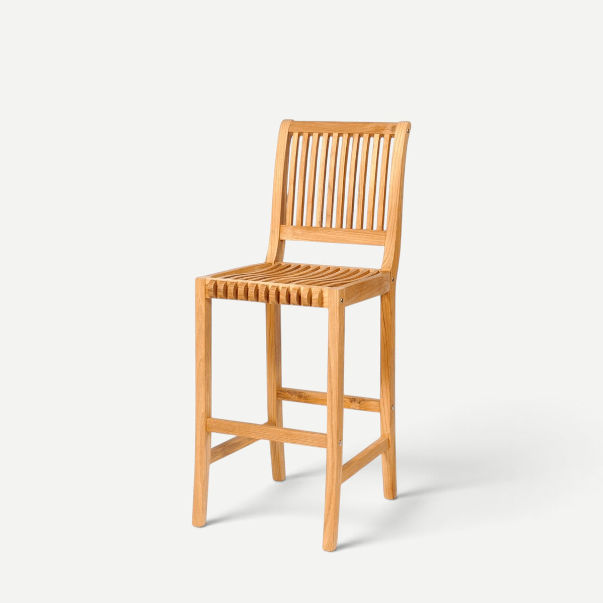 Hawaiian Discovery Furniture Palm High Teak Bar Chair with a slatted back and seat in natural golden wood finish.