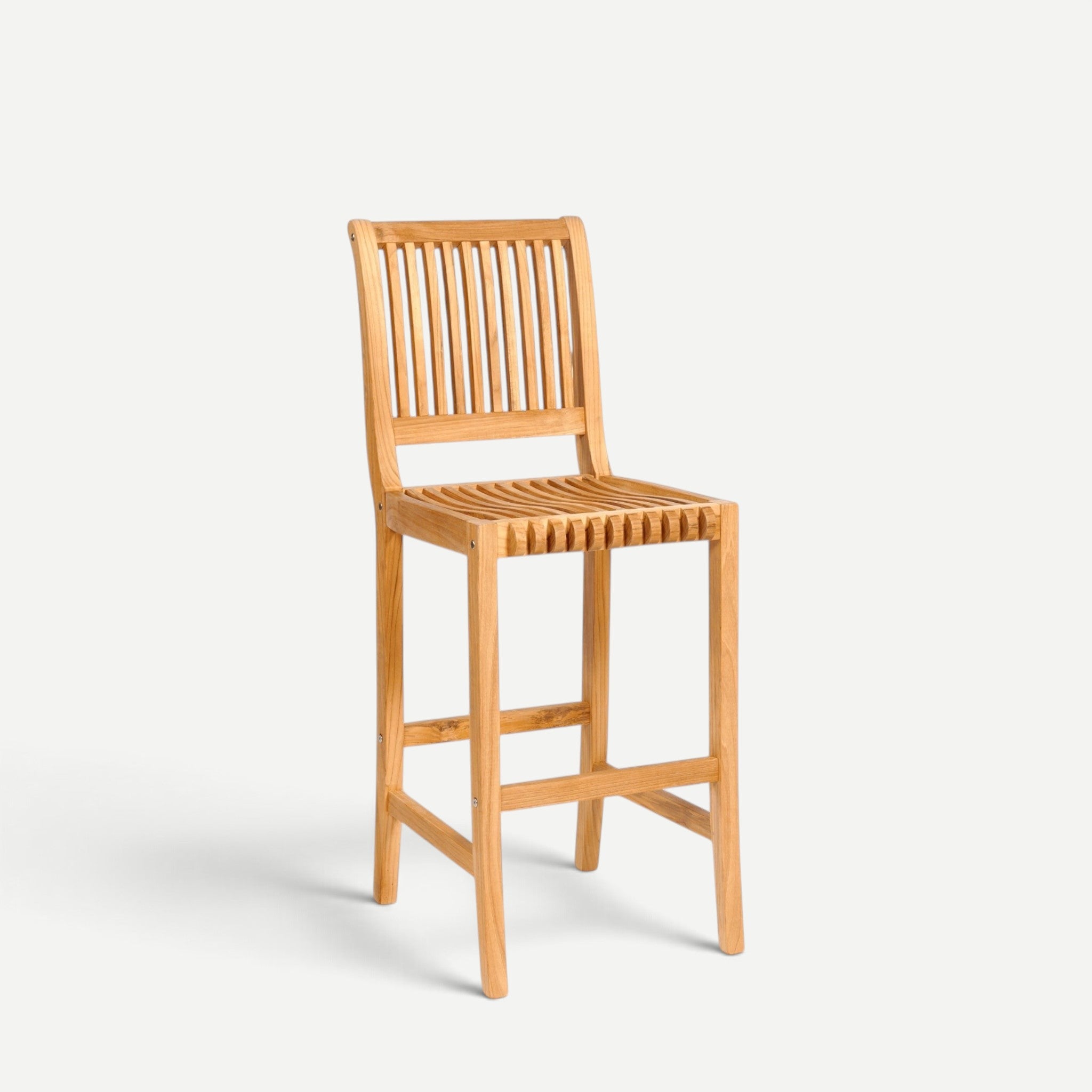 Hawaiian Discovery Furniture Palm high bar stool made from solid teak wood with curved slats and a slatted backrest