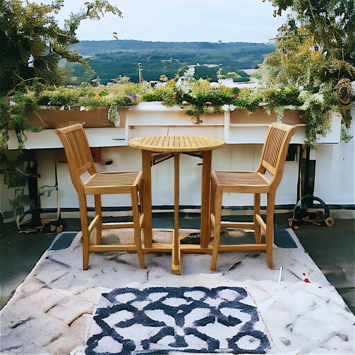 Hawaiian Discovery Furniture Palm High Teak Bar Chairs and matching table on an outdoor patio with a scenic view