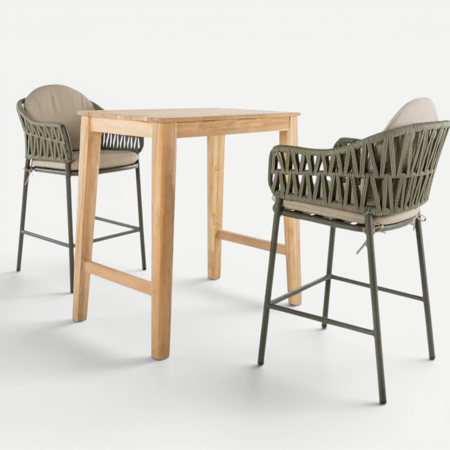 Hawaiian Discovery Furniture Moana 3-PC teak bar set with two stools featuring olive green rope weave and beige cushions