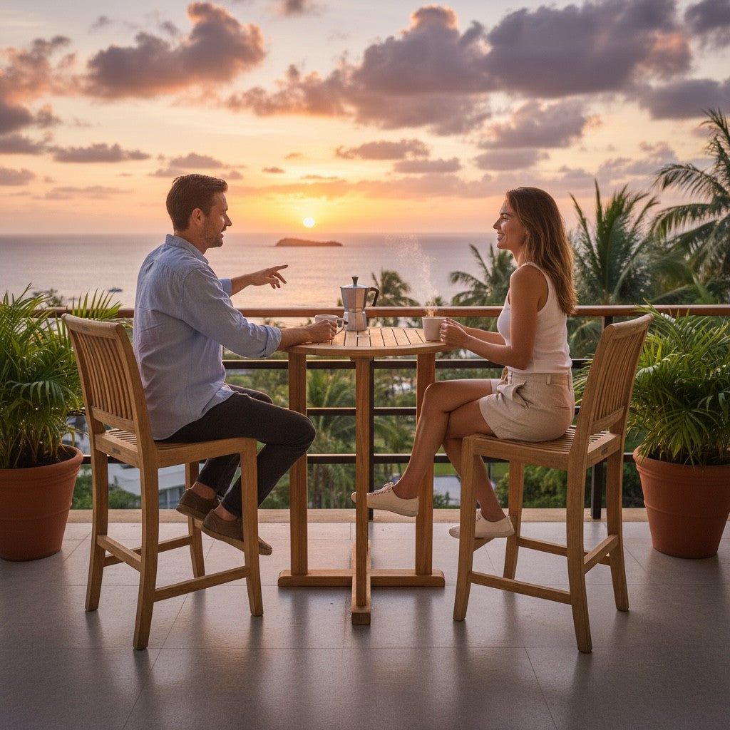 Hawaiian Discovery Furniture Palm high bar set with teak table and chairs on a balcony at sunset with a couple.