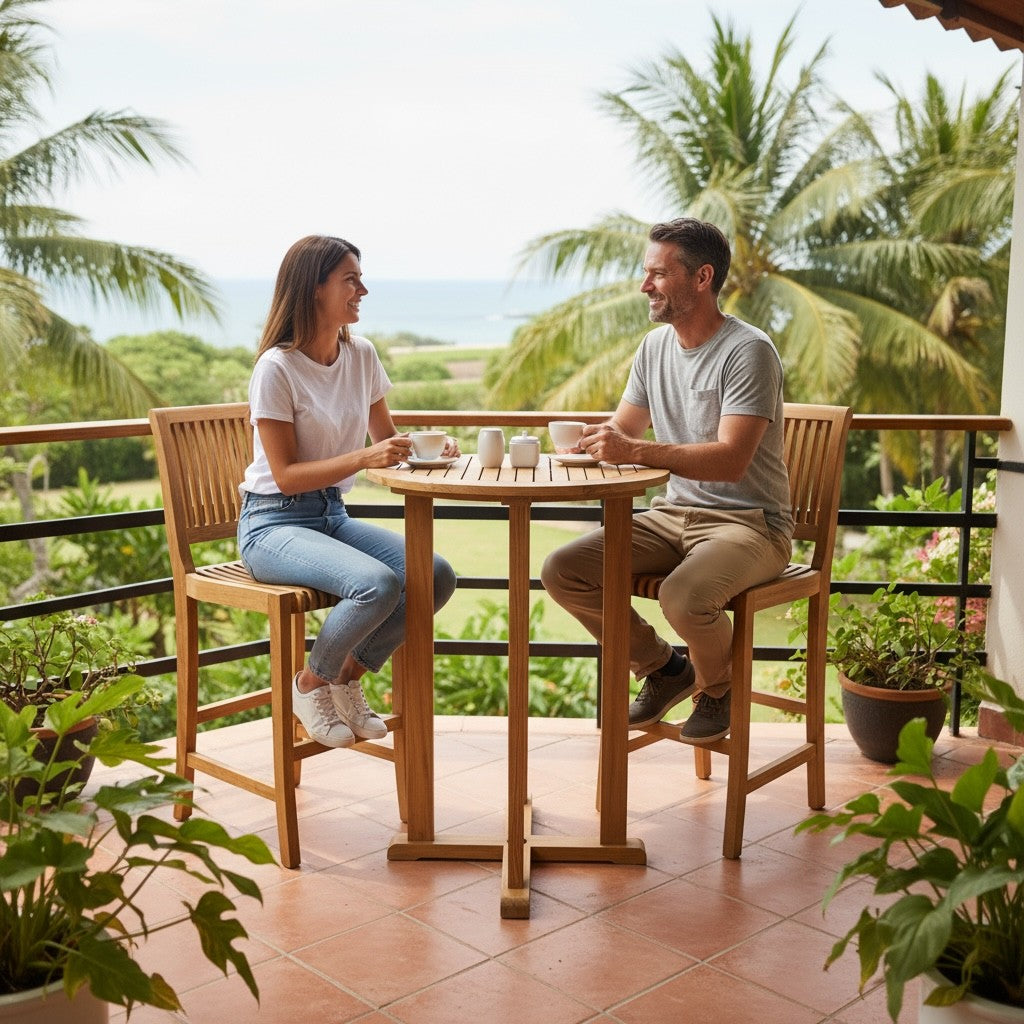 A couple sitting on Hawaiian Discovery Furniture Palm high bar stools at a round teak table on a tropical balcony.