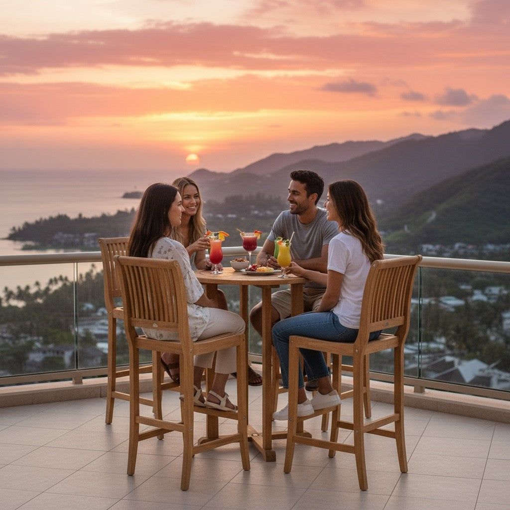 Hawaiian Discovery Furniture Palm high bar set with teak table and stools on a balcony at sunset with four friends