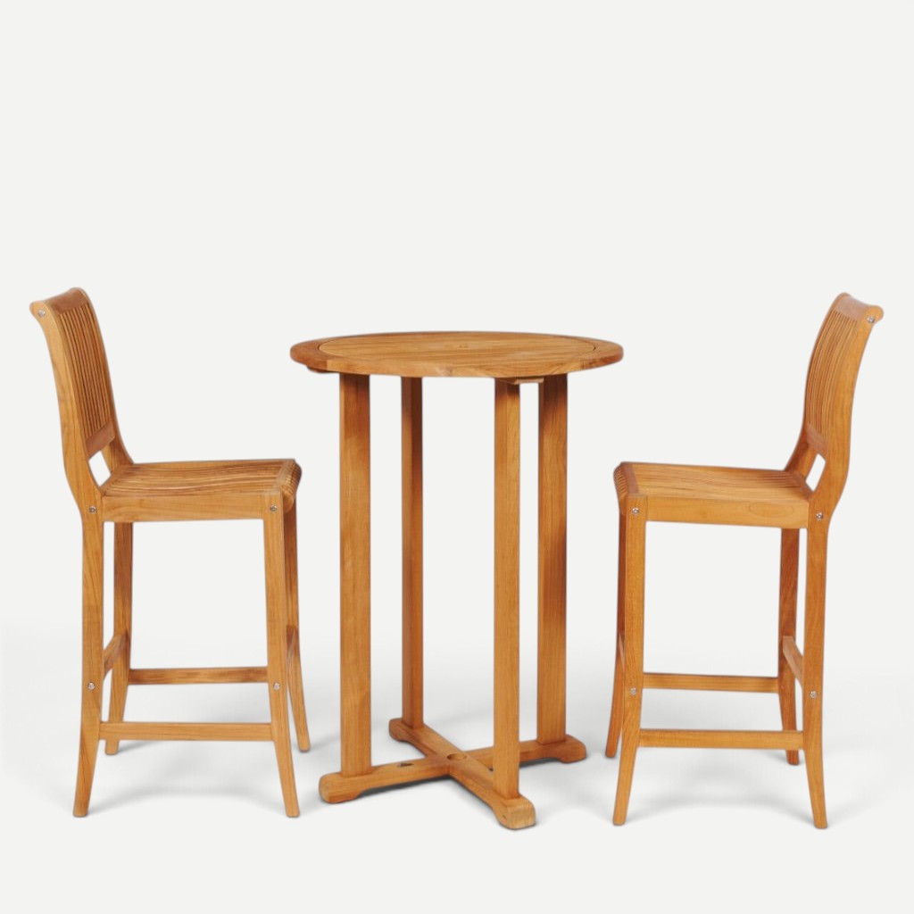 Hawaiian Discovery Furniture Palm high bar set featuring a round teak wood table and two matching bar stools.