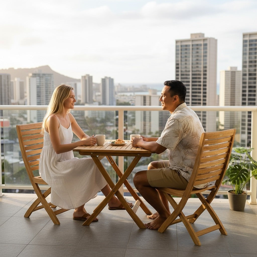 Hawaiian Discovery Furniture Kakahiaka teak bistro set with a square folding table and two chairs on a city balcony.