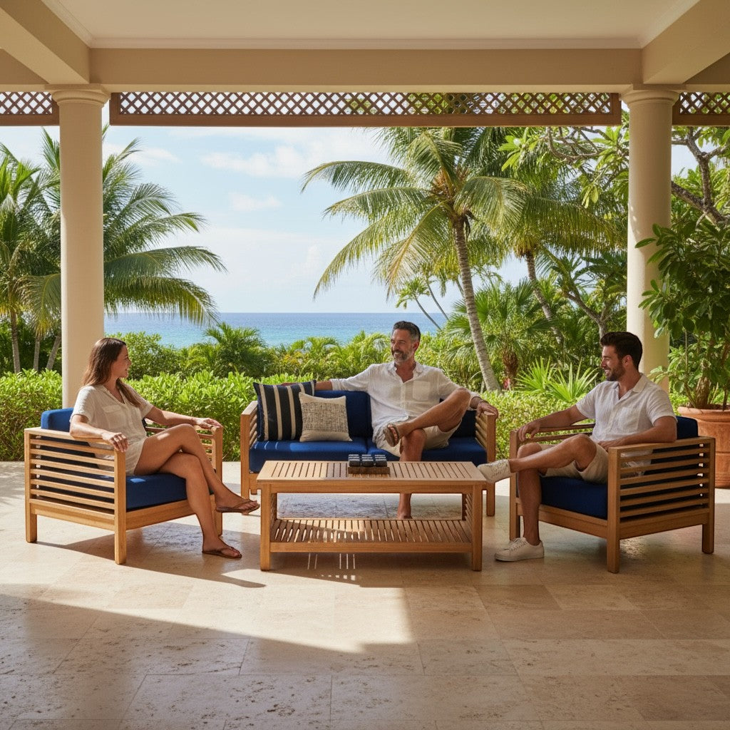 Hawaiian Discovery Furniture Summer Loveseat set with teak wood frames and blue cushions on a tropical patio.