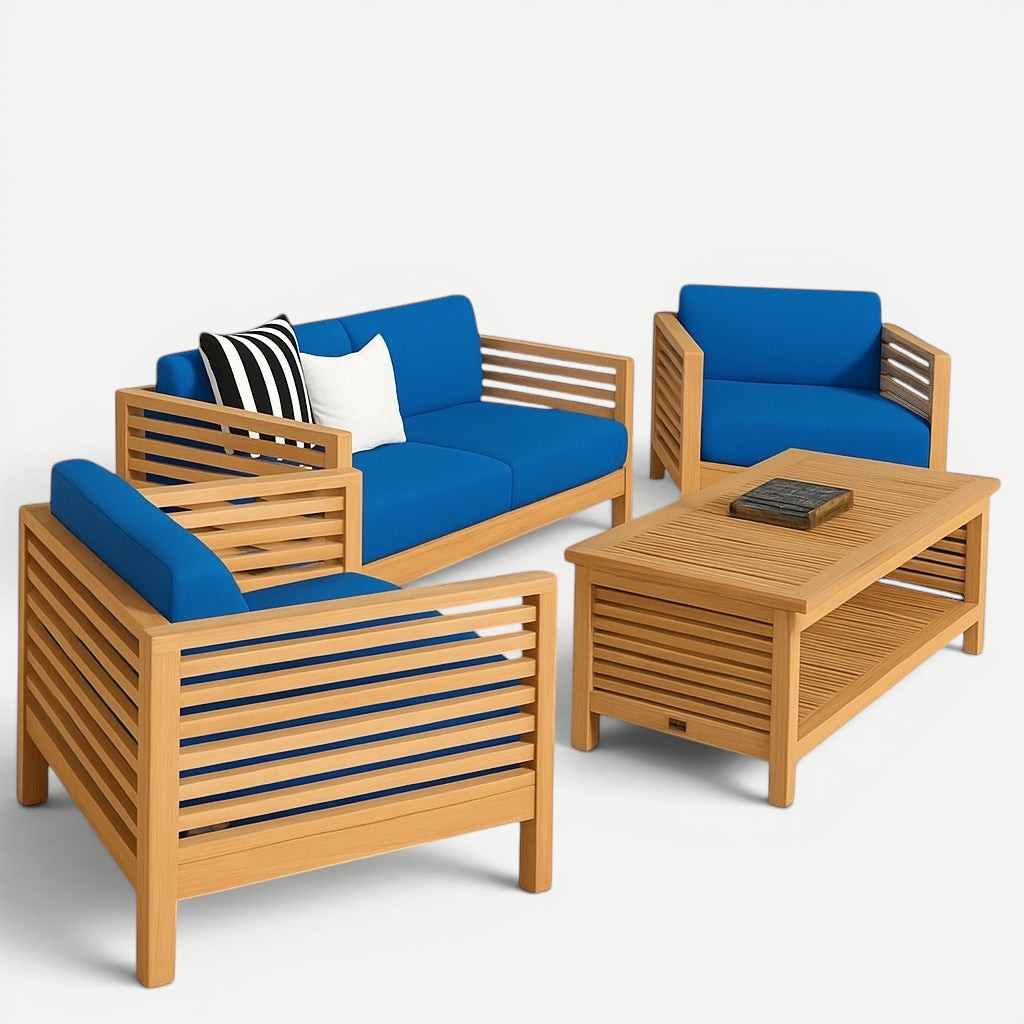 Hawaiian Discovery Furniture Summer Loveseat set with teak wood frames and blue cushions, including a coffee table.