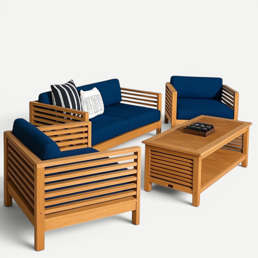 Hawaiian Discovery Furniture Summer Loveseat lounge set with solid teak wood frames and deep blue olefin cushions.