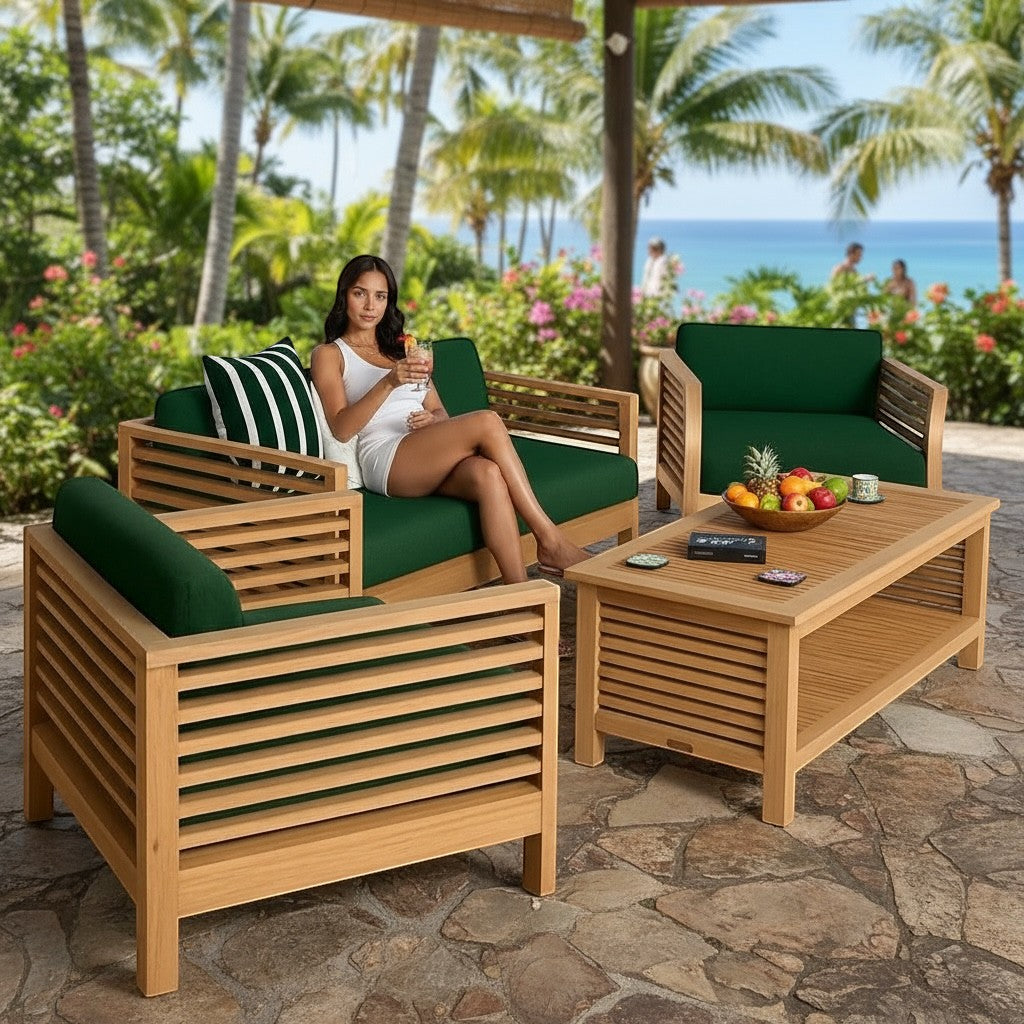 Hawaiian Discovery Furniture Summer Loveseat set with teak wood frames and green cushions on a tropical patio.