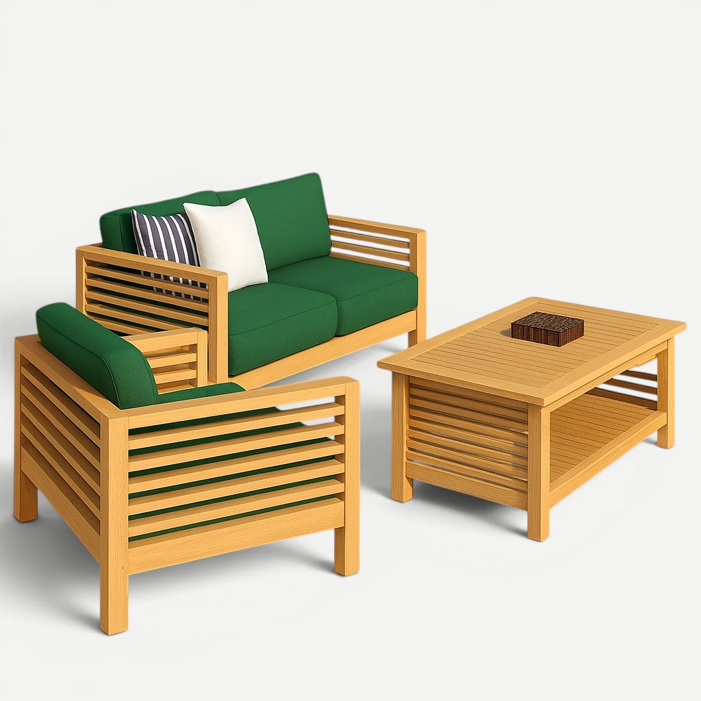 Hawaiian Discovery Furniture Summer Loveseat set with solid teak wood frames and green olefin cushions on a grey background