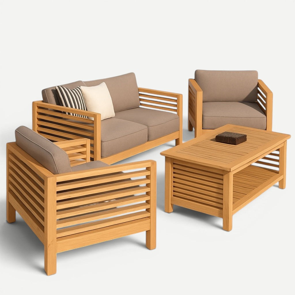 Hawaiian Discovery Furniture Summer teak wood outdoor loveseat set with taupe olefin cushions and coffee table