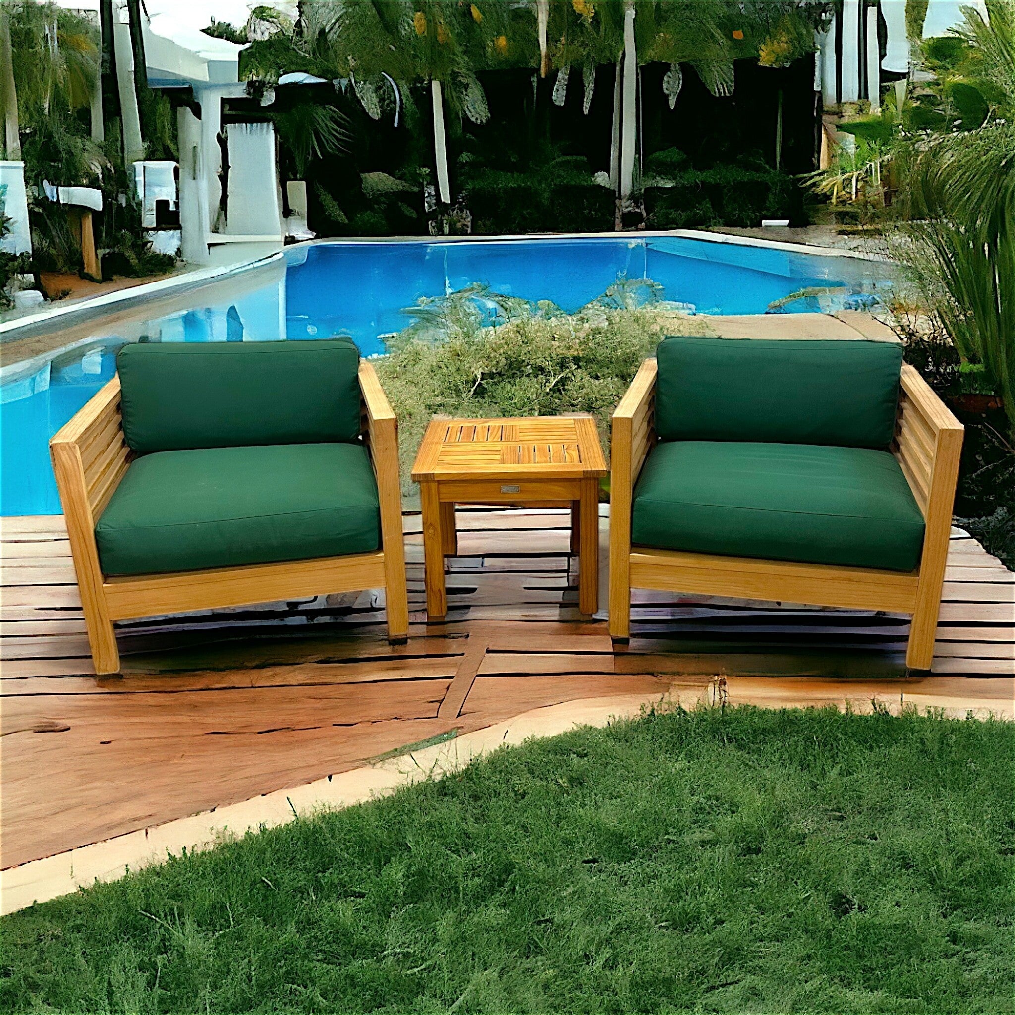 Hawaiian Discovery Furniture Summer Small Area Set featuring two teak club chairs with green cushions and side table