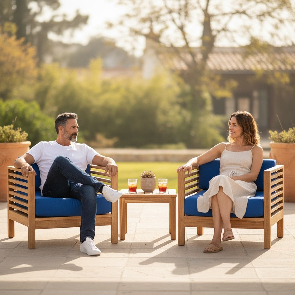 Hawaiian Discovery Furniture Summer small area set with two teak club chairs and side table on a sunny patio