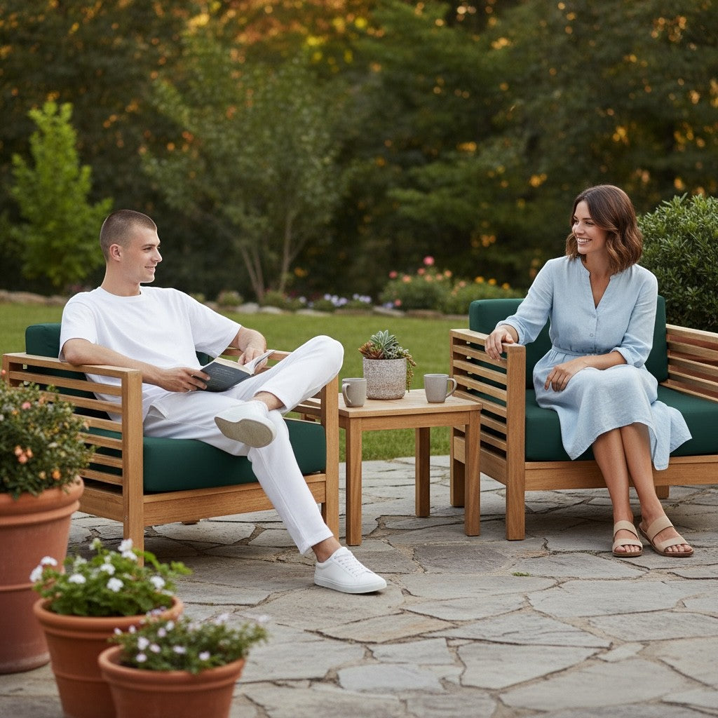 Hawaiian Discovery Furniture Summer Small Area Set with teak chairs and side table on a patio with two people.