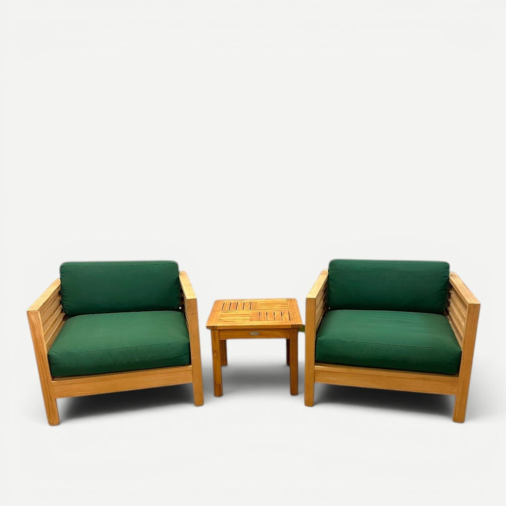 Hawaiian Discovery Furniture Summer Small Area Set featuring two teak club chairs with green cushions and a side table.
