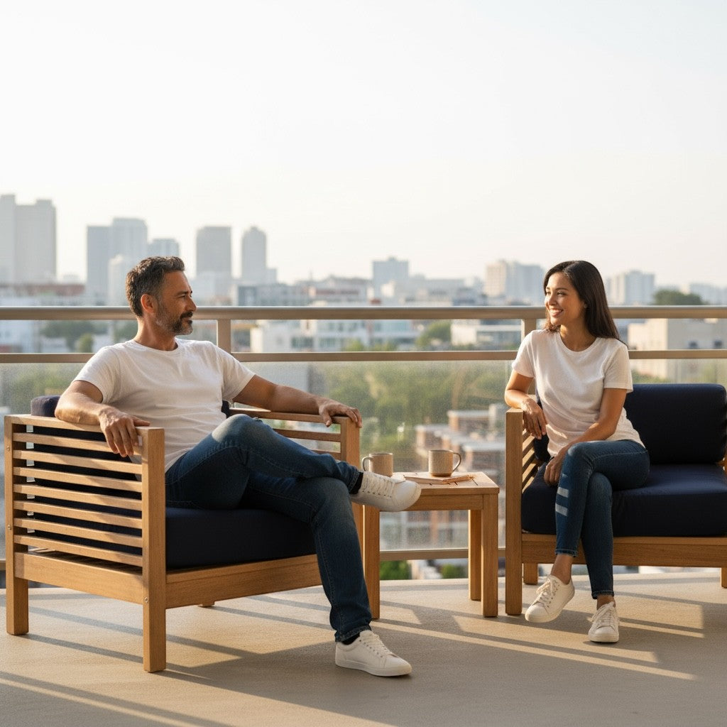 Hawaiian Discovery Furniture Summer Small Area Set with two teak club chairs and side table on a city balcony.
