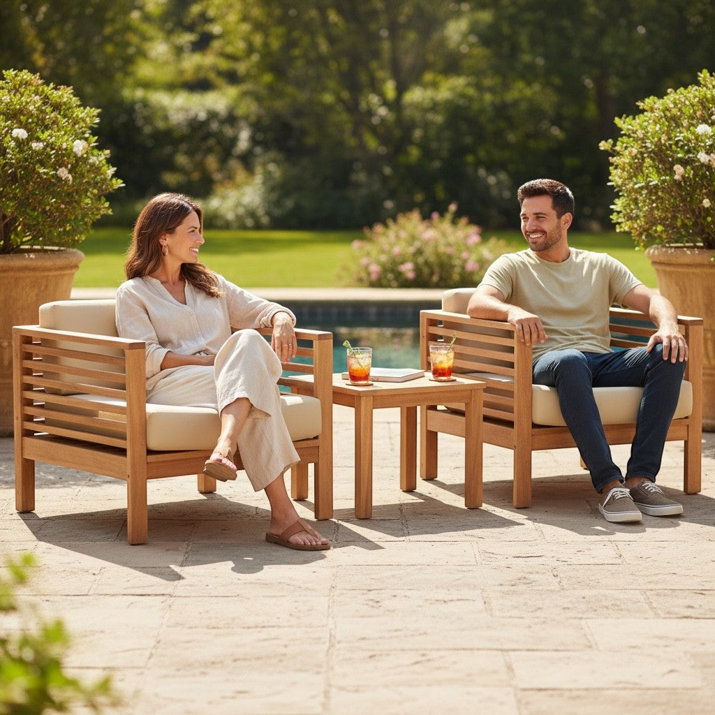Hawaiian Discovery Furniture Summer Small Area Set with two teak club chairs and a side table on a sunny patio.