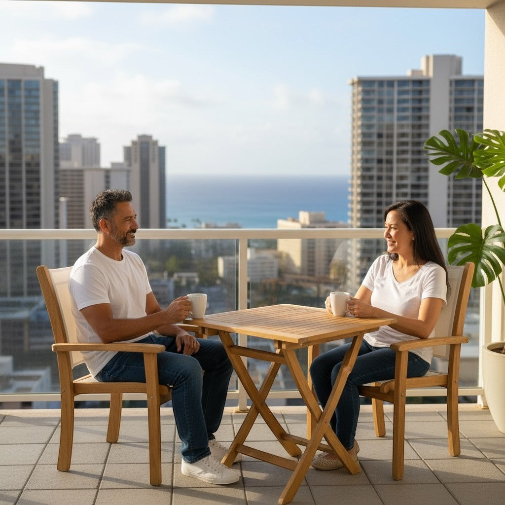 Hawaiian Discovery Furniture Kakahiaka teak set with square folding table and two chairs on a balcony overlooking the ocean