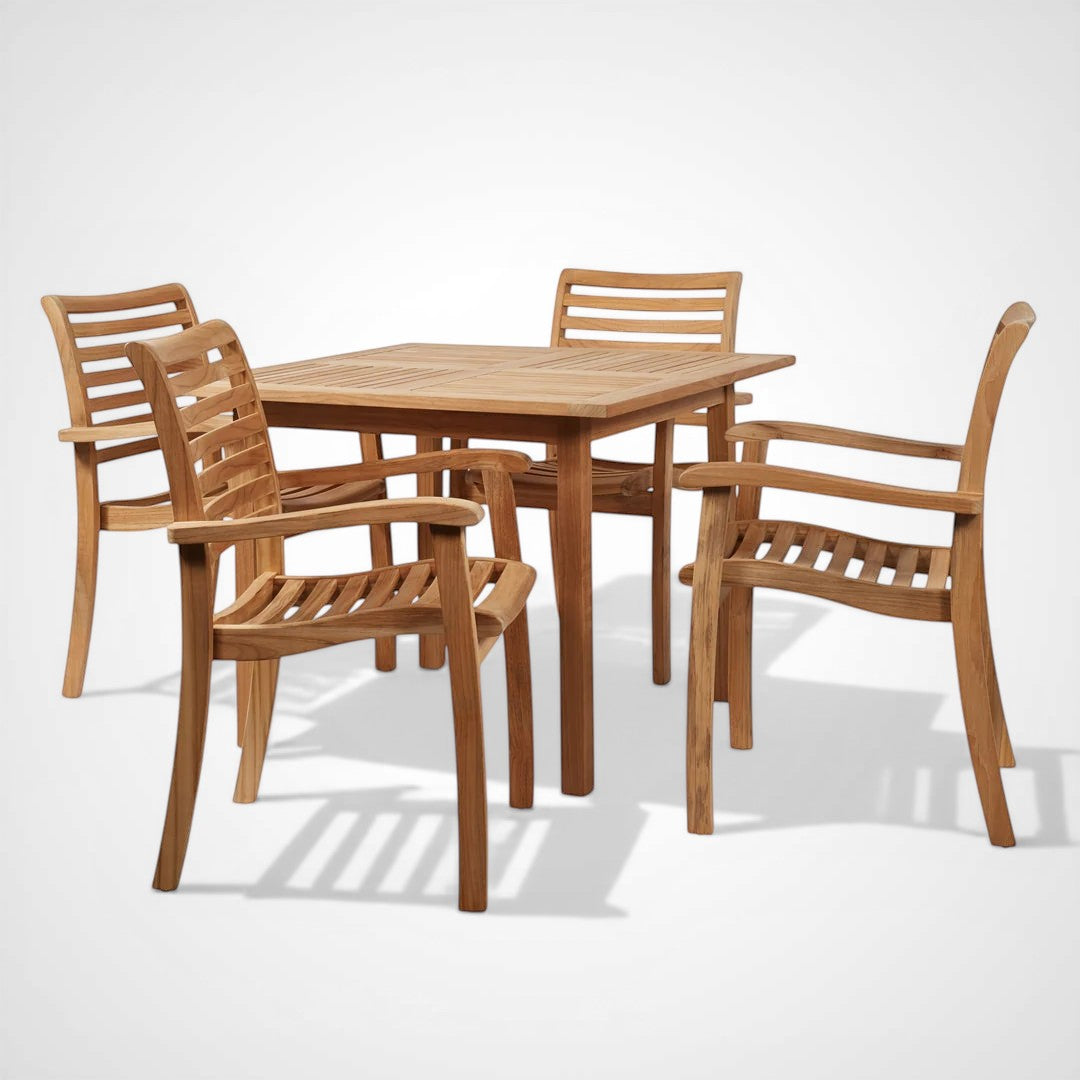 Hawaiian Discovery Furniture Birmingham stacking armchairs and square teak table set in natural honey-colored wood