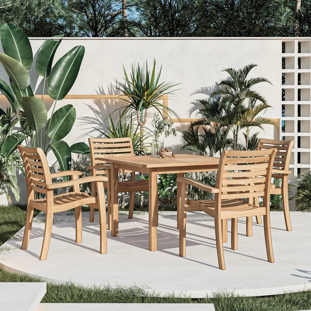 Hawaiian Discovery Furniture Birmingham stacking armchairs in premium teak wood arranged around a square outdoor table.