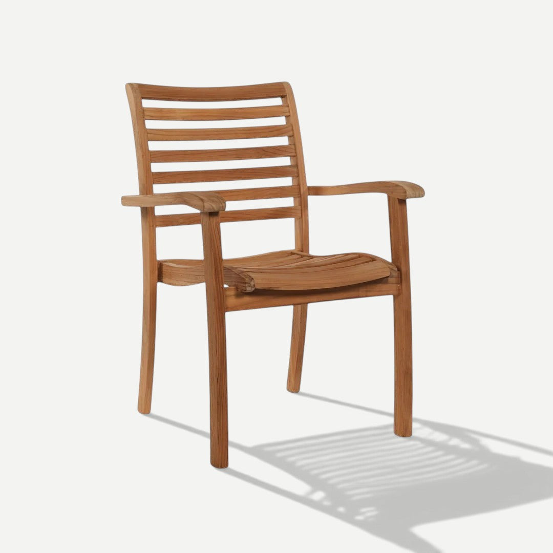 Hawaiian Discovery Furniture Birmingham stacking armchair in natural golden teak wood with curved slat design