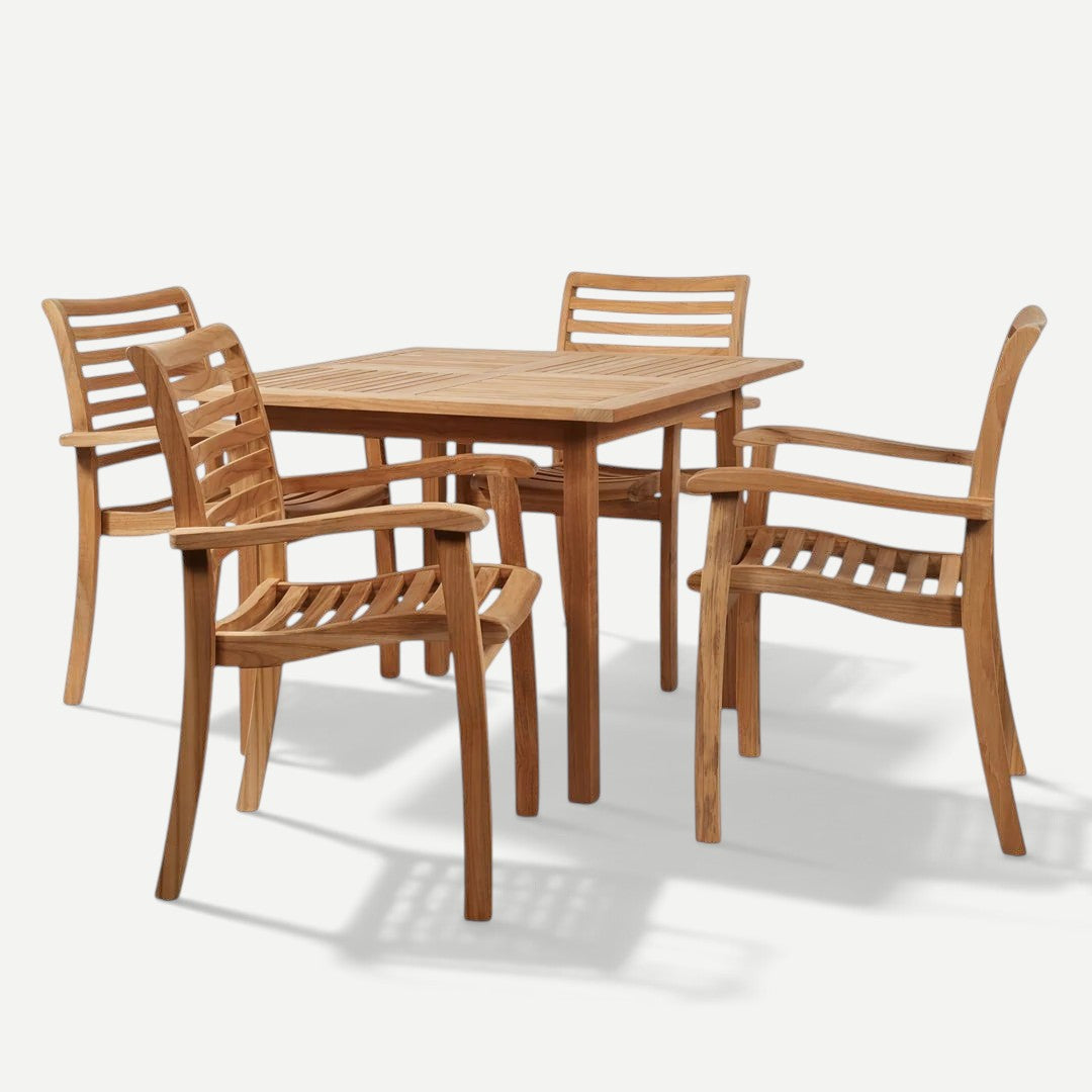 Hawaiian Discovery Furniture Birmingham stacking teak armchairs arranged around a matching square outdoor dining table