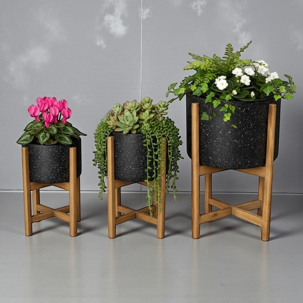 Hawaiian Discovery Furniture terrazzo planters in black with acacia wood stands, featuring three sizes with plants.